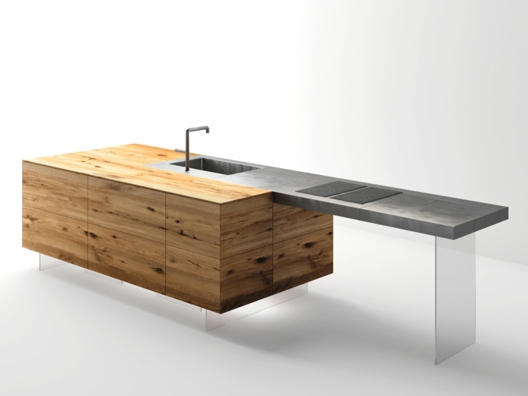 idée design moderne ilot cuisine plan travail bois table acier 