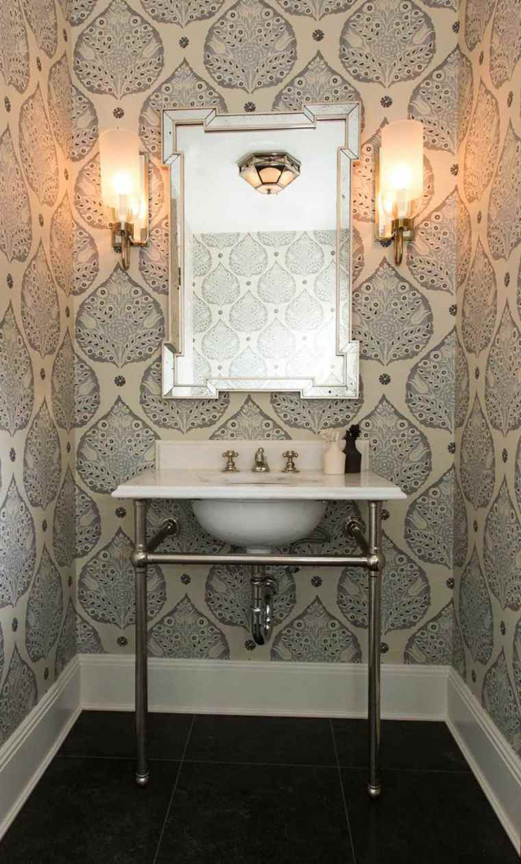 papier peint intéressant salle de bains miroir idée évier carrelage