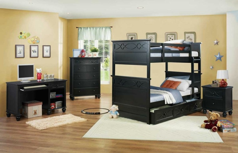 aménager chambre petit espace lit superposé bois noir tapis sol blanc