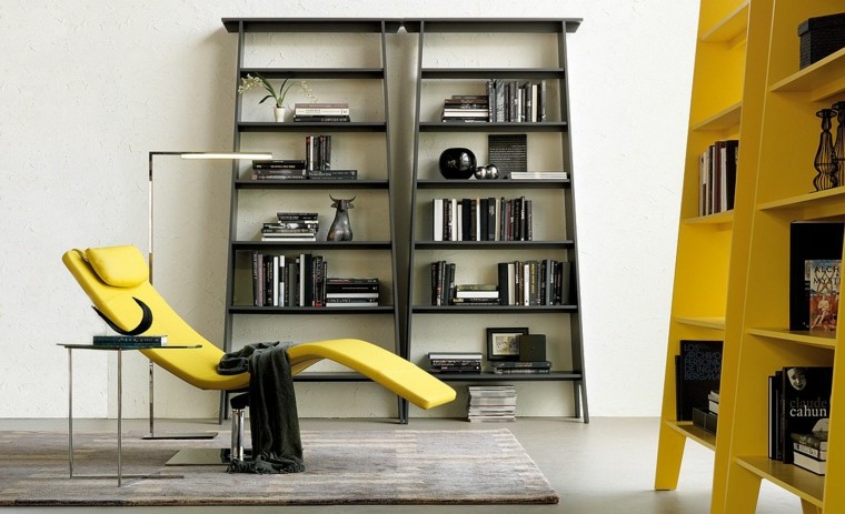bibliothèque moderne étagères bois design fauteuil 