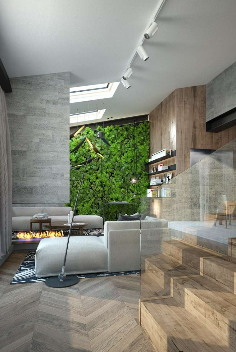 salon canapé design parquet bois mur végétal idées