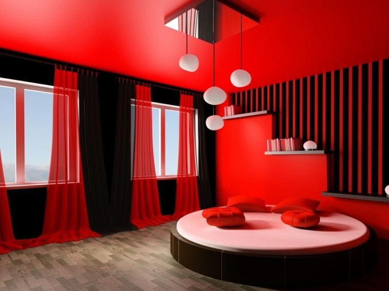chambre rouge et noire avec lit rond