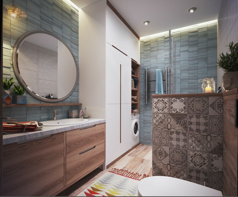 salle de bain aménager idée meuble bois miroir rond design carrelage 