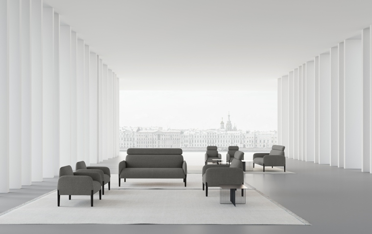 design salon mobilier fauteuil gris canapé coussins tapis sol blanc