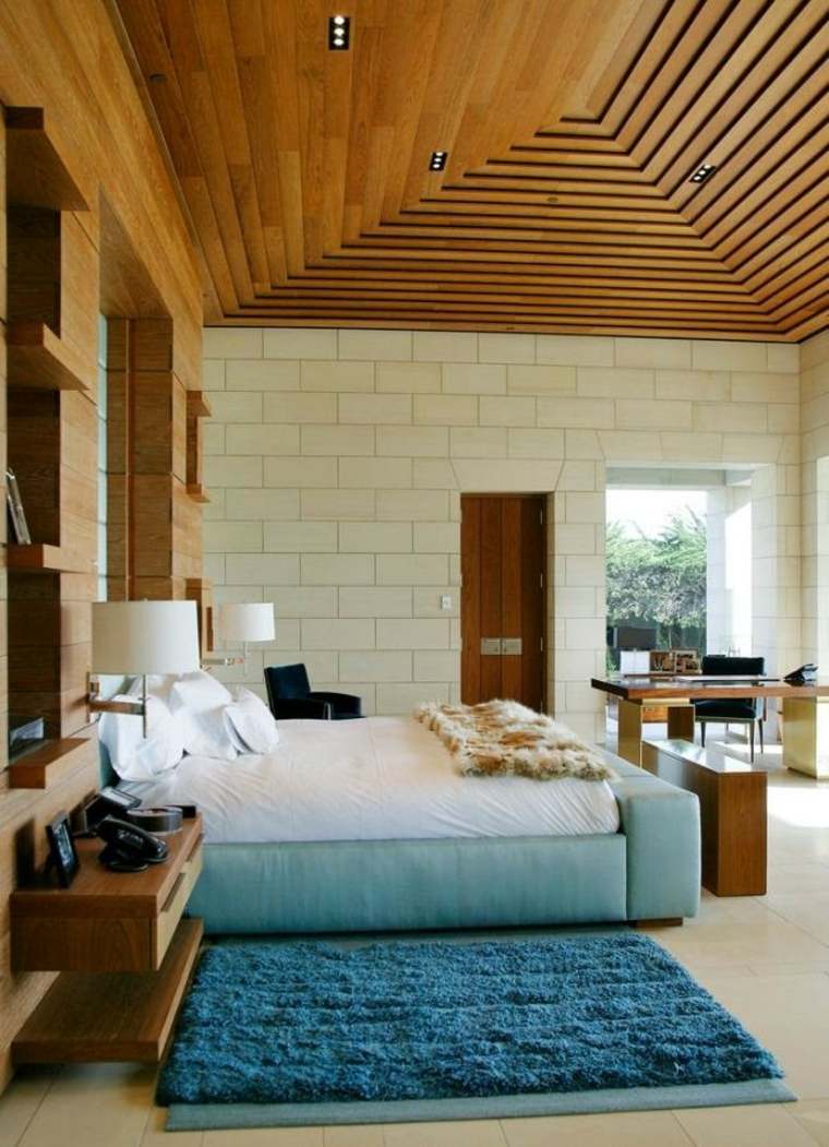 faux plafond bois design tapis de sol bleu lit aménager espace idée