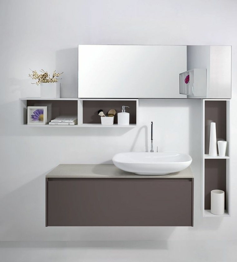meuble salle de bain suspendu design bois miroir idée étagères