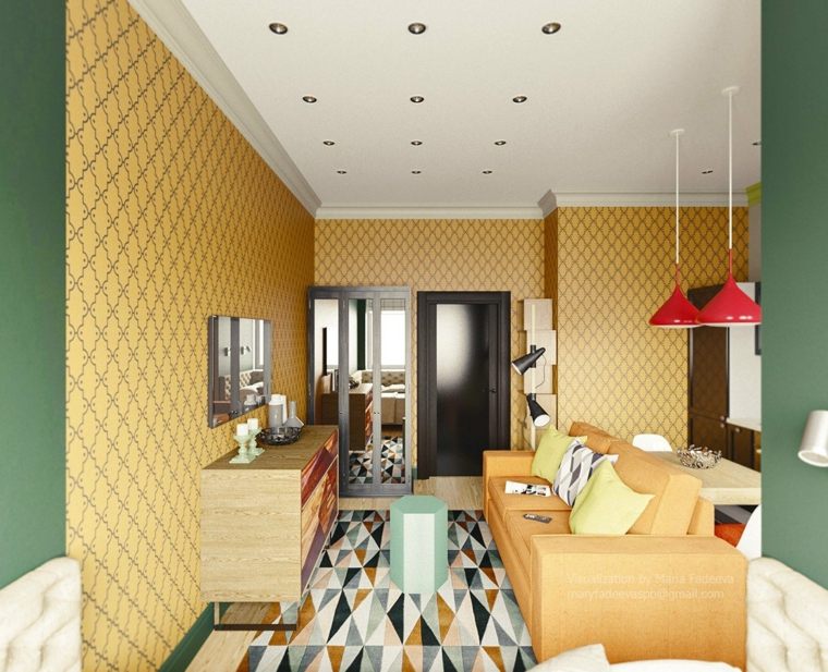 idée espace déco mur papier peint jaune moderne luminaire suspension
