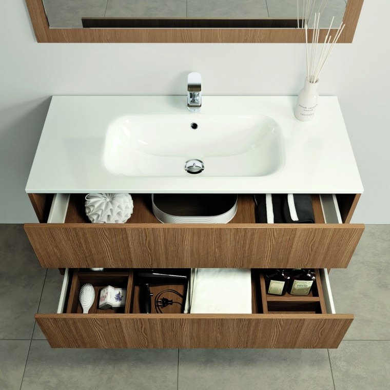 plan de travail salle de bain tiroirs bois meuble salle de bain cadre miroir