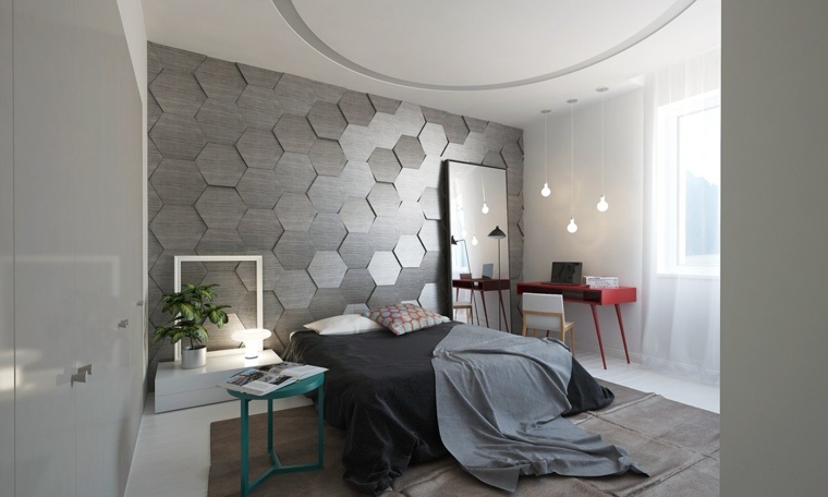 mur texturé chambre à coucher idée miroir meuble tapis sol
