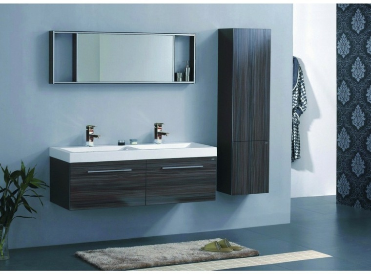 salle de bain bleu bois design miroir tapis sol idées