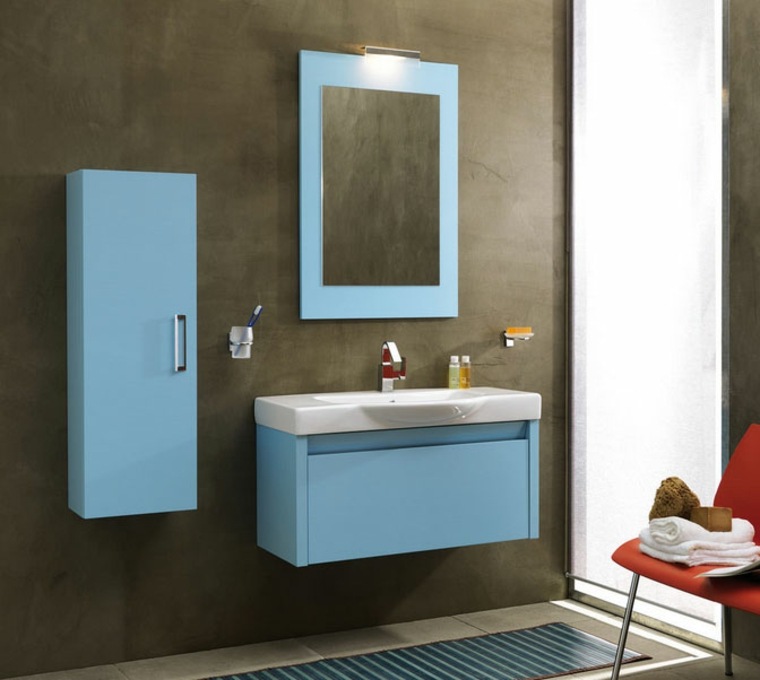 salle de bain vasque meuble miroir cadre bois bleu