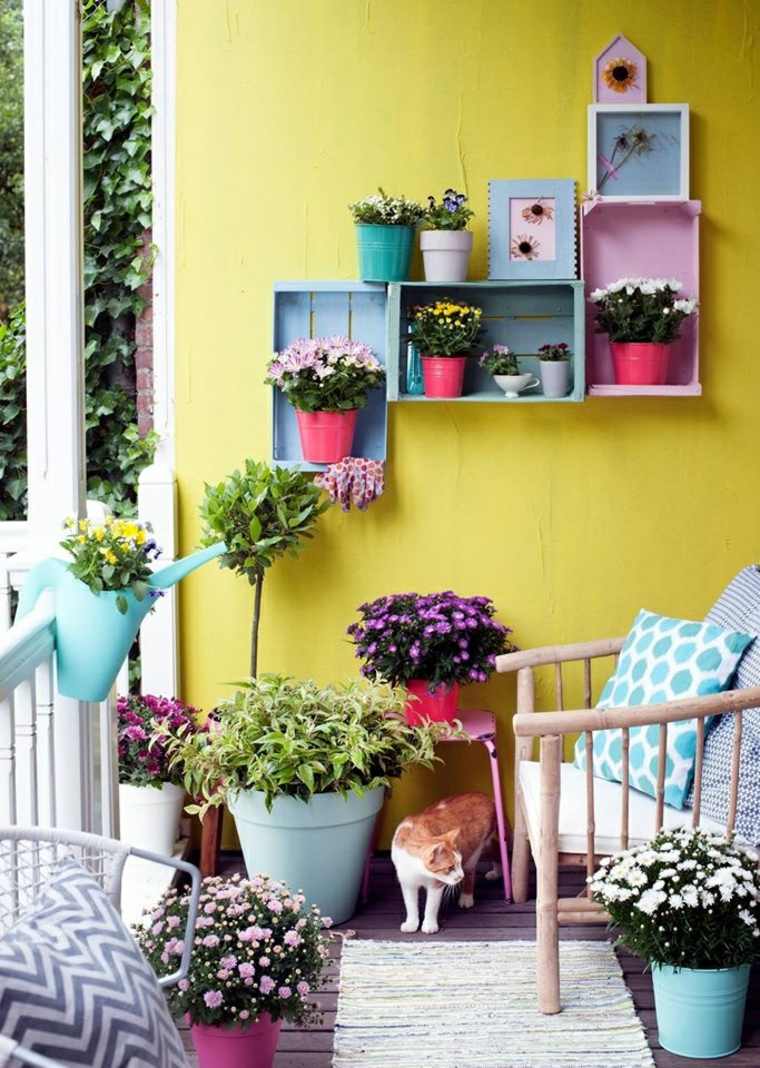 décoration balcon pots colorés idée chaise bois coussins 