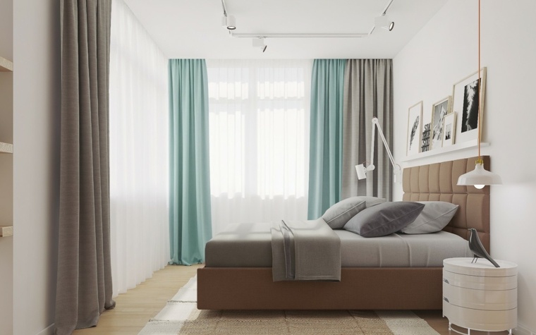aménager chambre à coucher tête de lit marron matelassée lit coussins rideaux