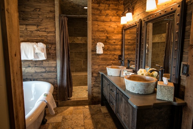 idée meuble salle de bain carrelage pierre mur bois luminaires