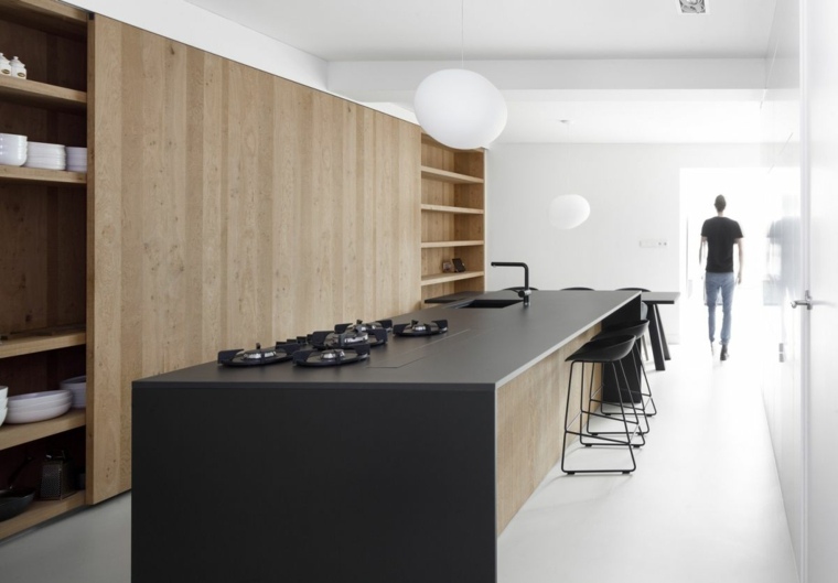 armoire moderne cuisine bois grand ilot central