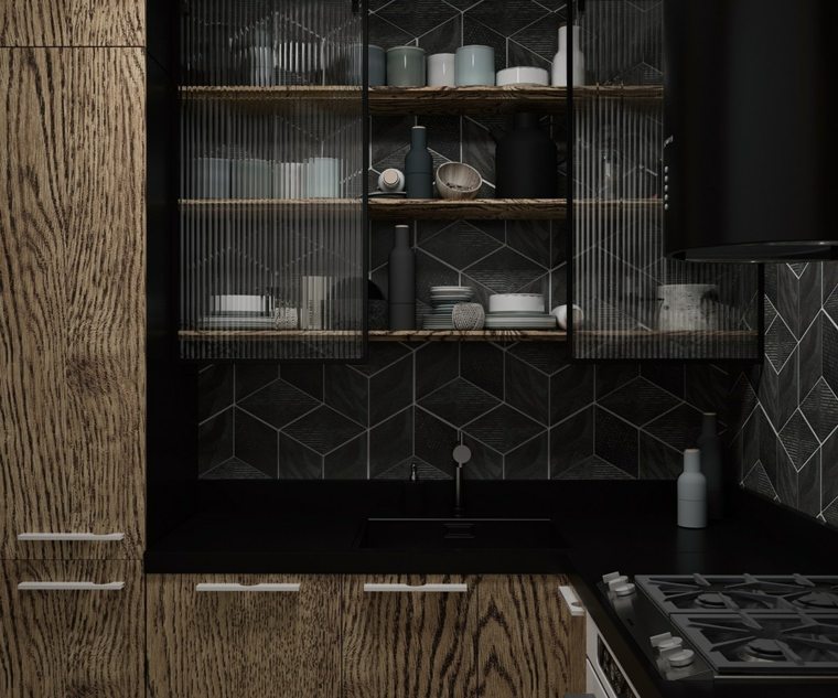 cuisine noire bois design idée rangement étagères pratiques