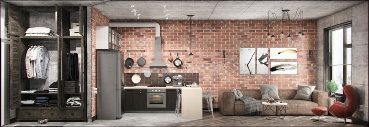 design intérieur style industriel mur briques salon canapé cuisine design