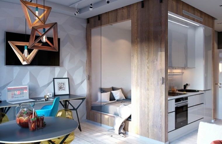 décoration petit appartement salon idée luminaire bois suspension