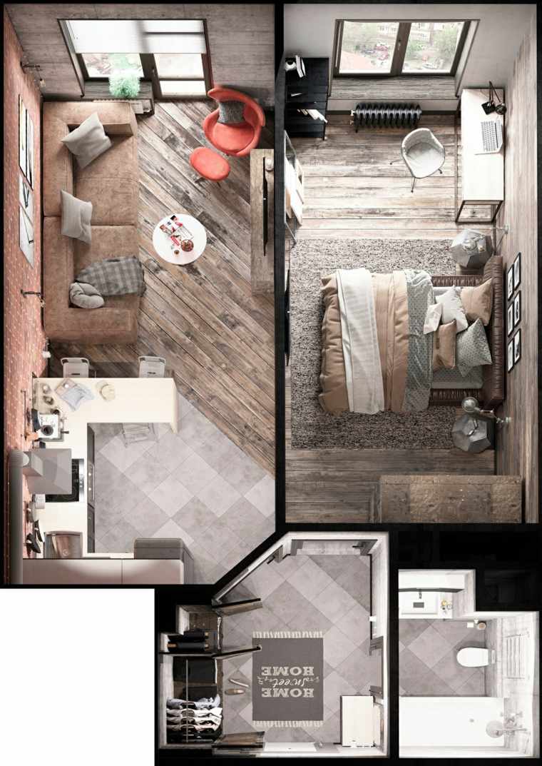 design appartement industriel parquet bois moderne fauteuil rouge 