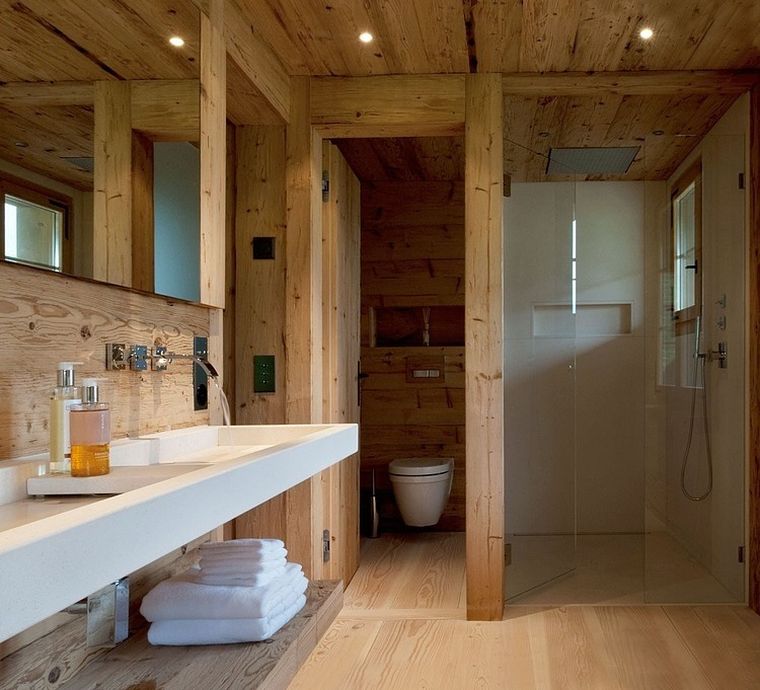 salle de bain chalet mur parement bois