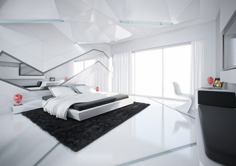 chambre à coucher aménager idée lit tête de lit design noir blanc