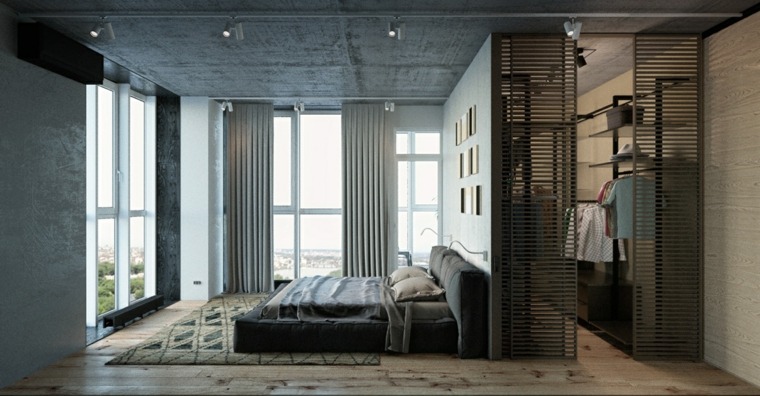 chambre à coucher grise avec un dressing un espace unique