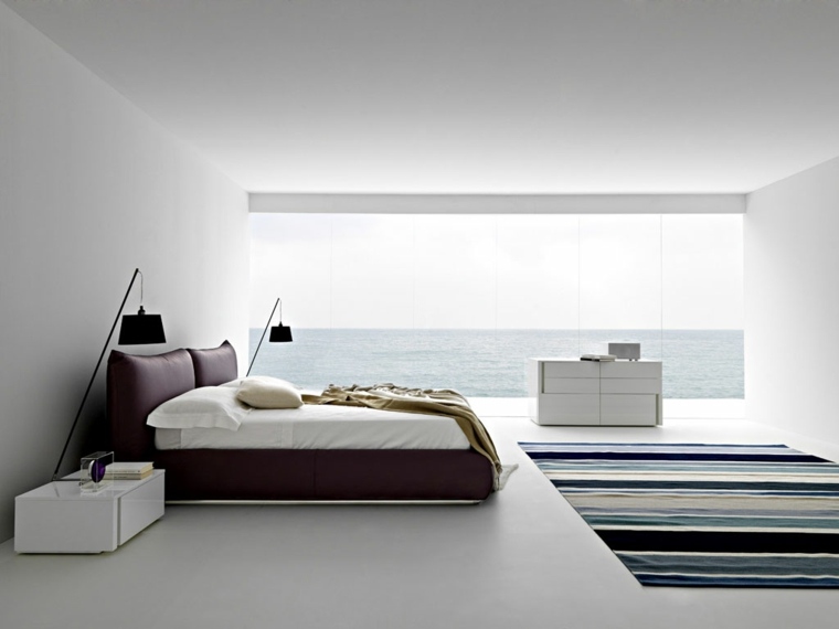 intérieur chambre à coucher lit tapis sol rayures design