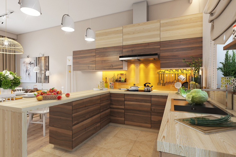 cuisine design moderne bois cuisine jaune plan de travail bois 