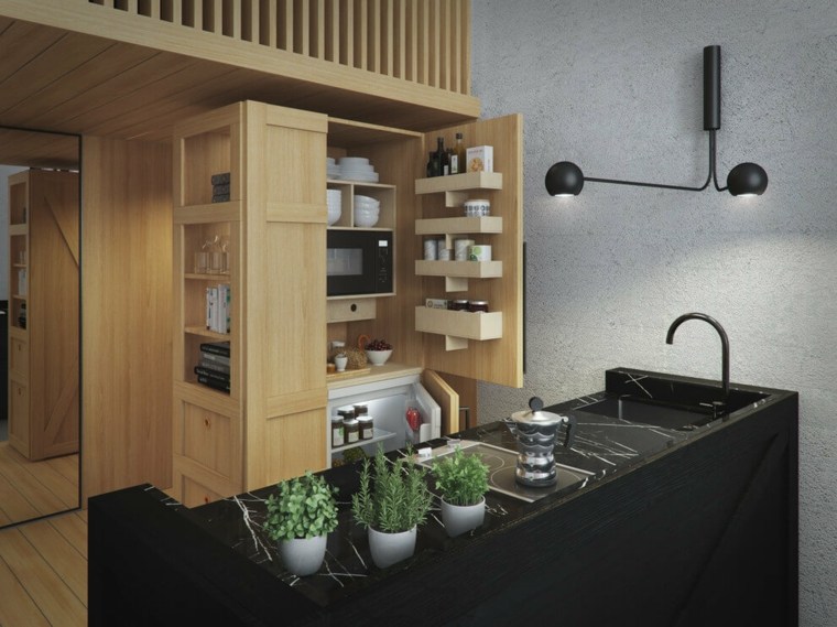 cuisines modernes mobilier bois design îlot moderne marbre noir luminaire