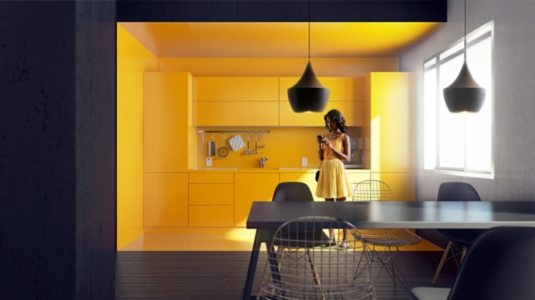 cuisine jaune design cuisine ouverte luminaires suspension table à manger grise