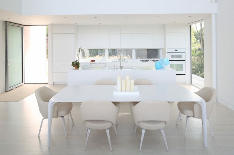 salle à manger table blanche intérieur blanc chaise moderne cuisine îlot