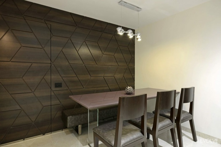 mur bois idée texture salle à manger luminaire table à manger bois chaise banc