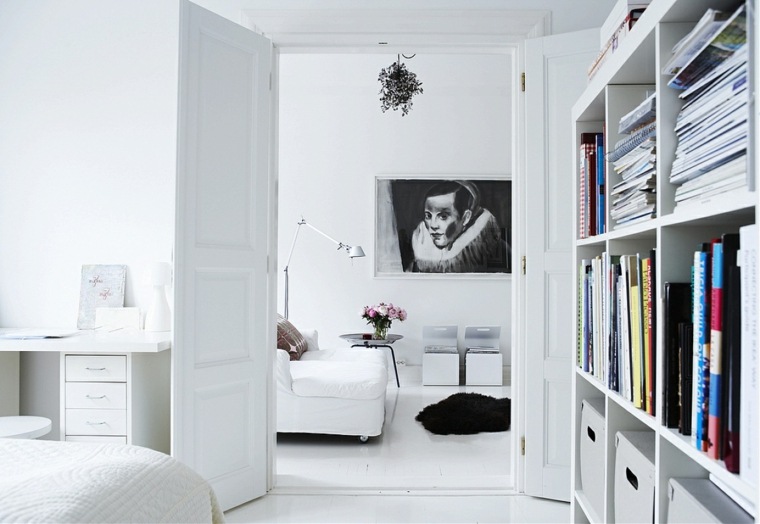 design intérieur minimaliste bibliothèque noir blanc design canapé lit