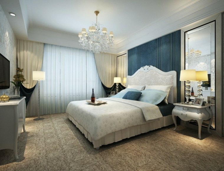 bleu blanc design tête de lit moderne tapis de sol rideaux