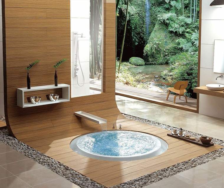 salle de bains zen idée design piscine pierre décorer espace plantes