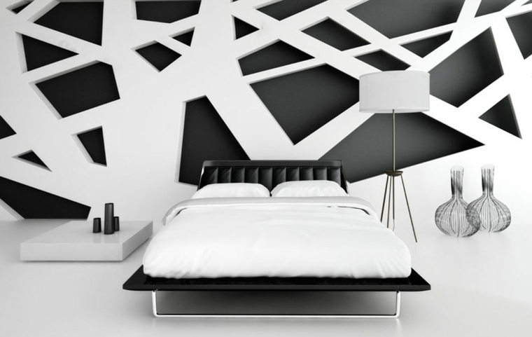 intérieur noir blanc chambre lit design mur tendance idée table basse