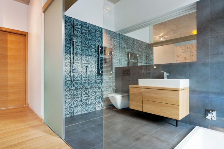 intérieur salle de bains moderne carrelage marocain meuble bois