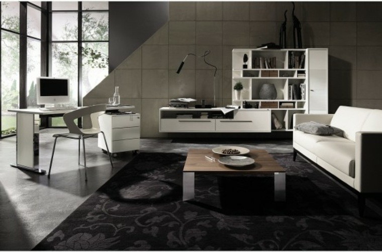 design moderne salon aménager idée tapis sol étagères blanches