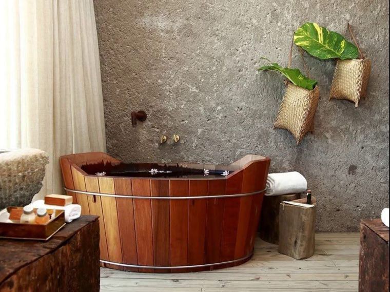 baignoire bois ronde salle de bain ambiance spa