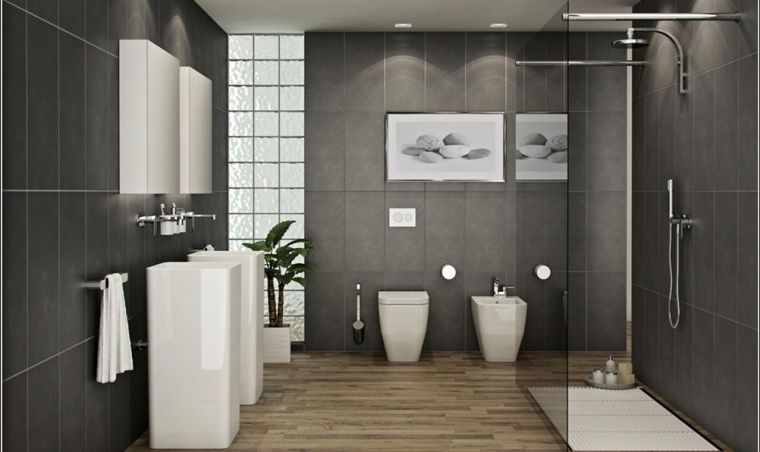 carreaux salle de bain sol bois revetement gris