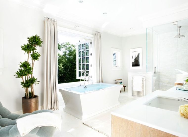 couleur tendance salle de bains blanche pot de plantes vertes