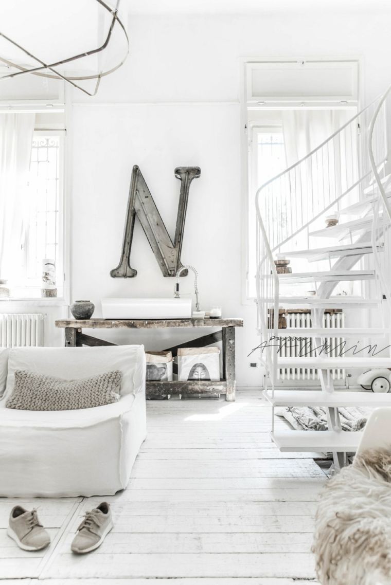 intérieur moderne design style industriel meuble bois parquet canapé blanc coussins