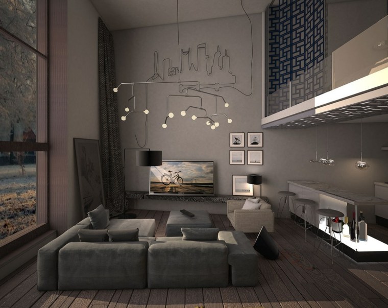 salon moderne design canapé d'angle gris parquet bois luminaires