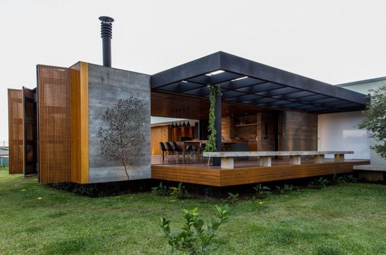 maison bois acier pierre cuisine pergola design moderne