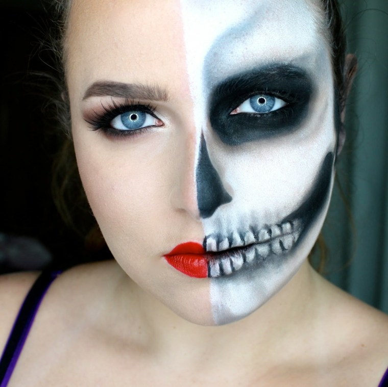 maquillage squelette noir blanc bleu vert moitié visage femme