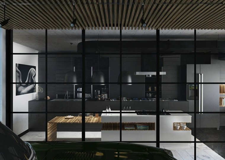 modèle de cuisine noire et bois photo ilot central amenagement