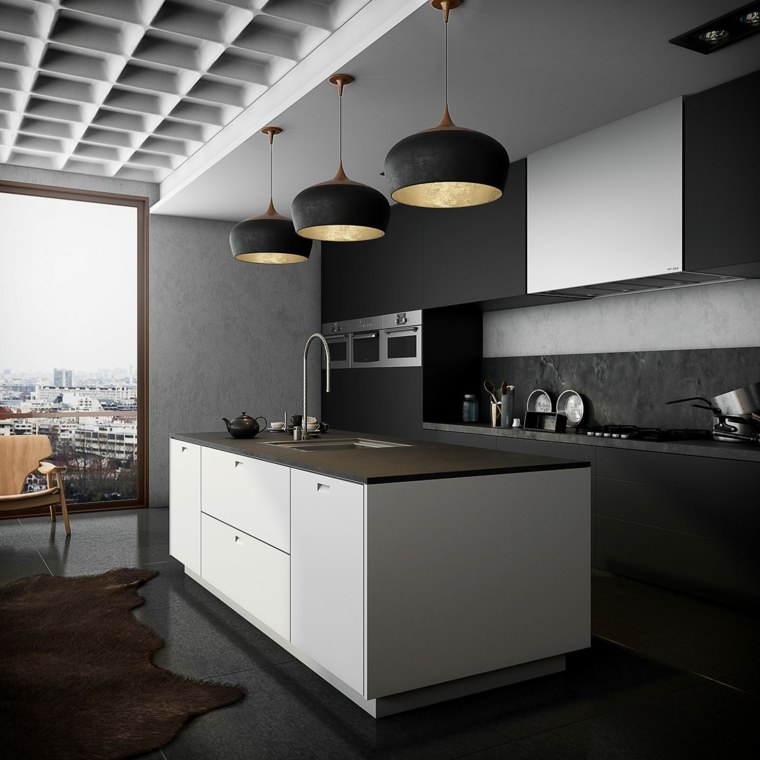 modèle de cuisine noire ilot meuble bas facade blanche