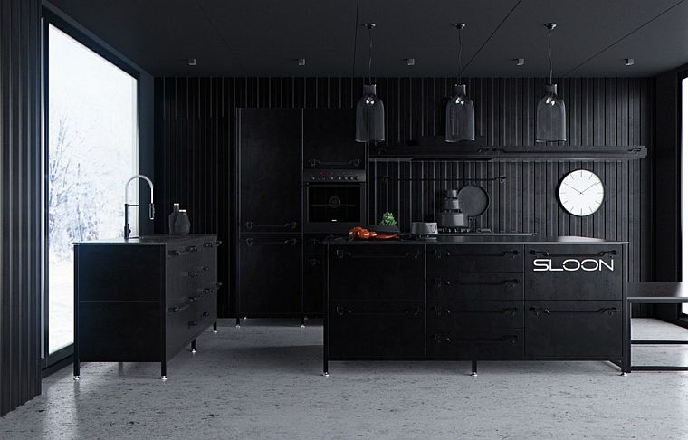 modele de cuisine noire deco style industriel ilot moderne