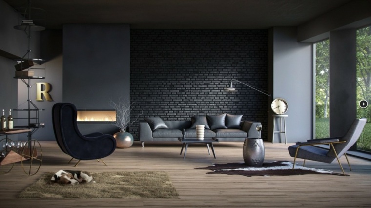salon moderne design style industriel moderne fauteuil noir tapis de sol mur briques