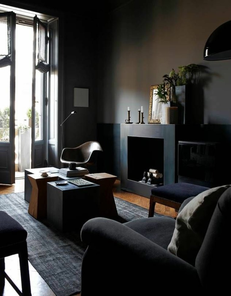 intérieur salon design moderne tapis de sol gris fauteuil cheminée